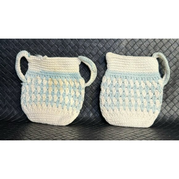 VINTAGE HAND CROCHETED SUGAR CREAMER POT HOLDERS HOT PADS White Blue Grandmacore - Picture 2 of 10